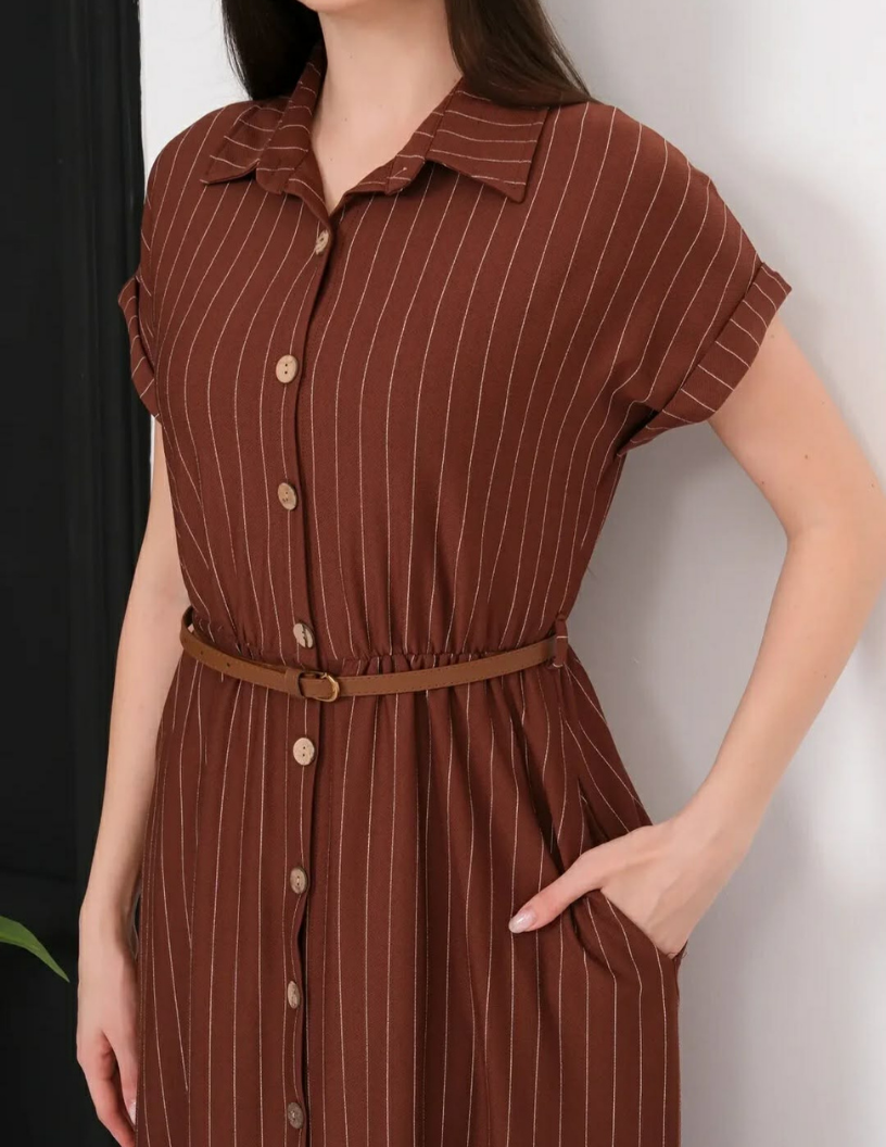 Robe longue chemisier à rayures avec ceinture – Image 3