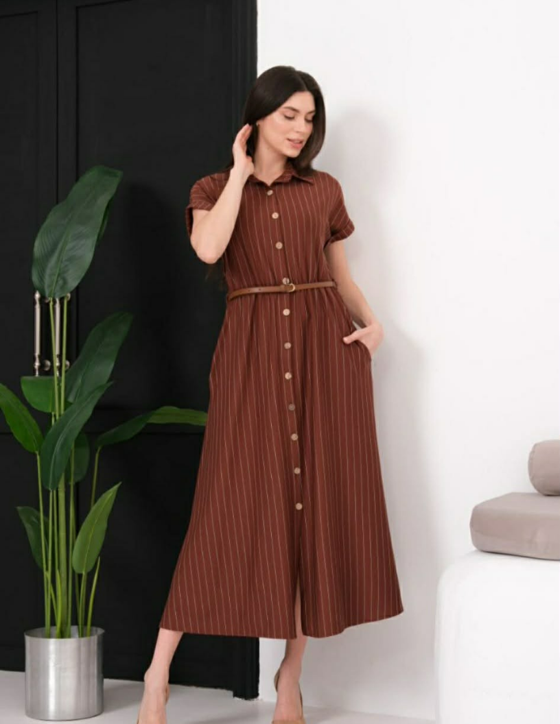 Robe longue chemisier à rayures avec ceinture