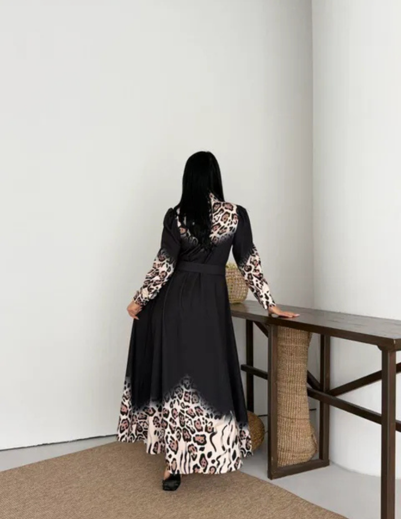 Robe Chemise Longue Motif Léopard & Noir Moderne – Image 3