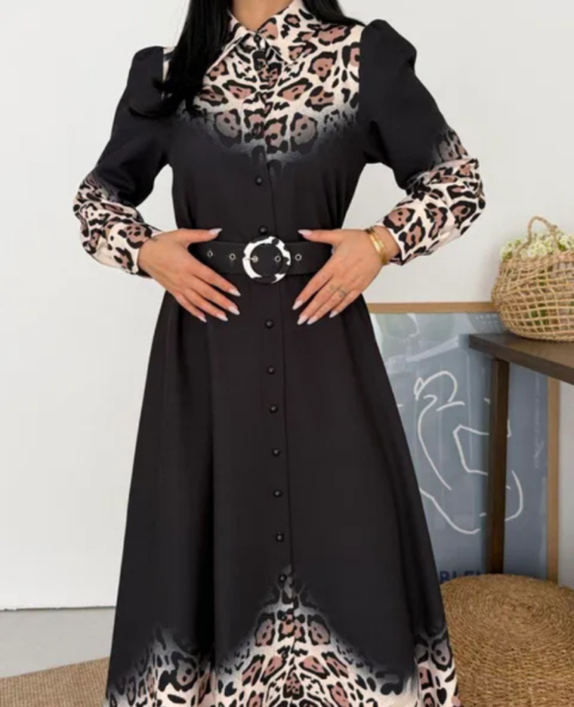 Robe Chemise Longue Motif Léopard & Noir Moderne