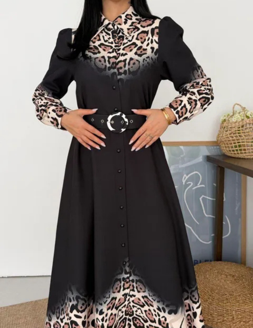 Robe Chemise Longue Motif Léopard & Noir Moderne