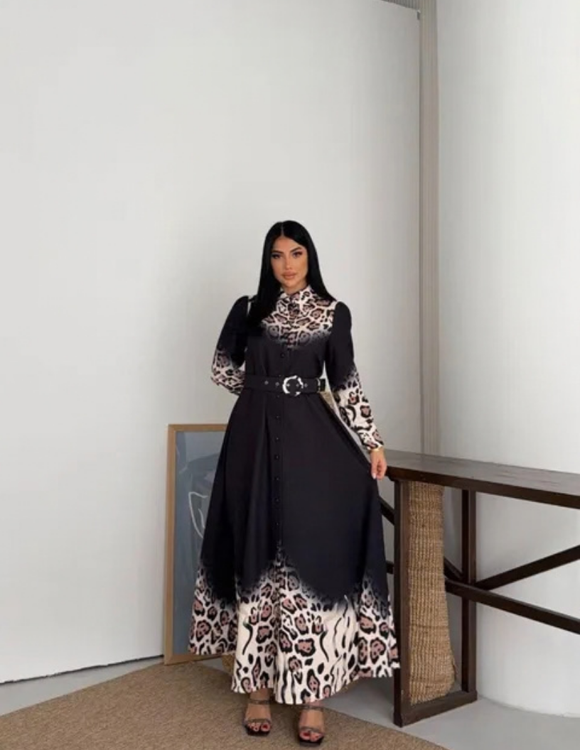 Robe Chemise Longue Motif Léopard & Noir Moderne – Image 2